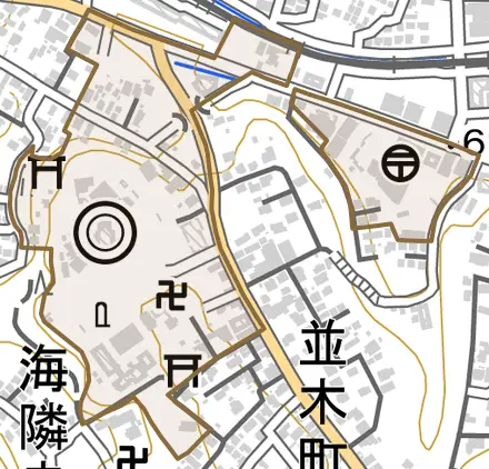 海隣寺町とその周辺の地図。町の範囲を重ねている