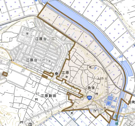 角来とその周辺の地図。町の範囲を重ねている