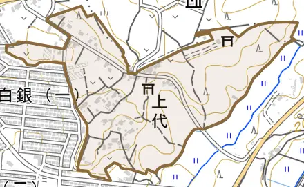 上代とその周辺の地図。町の範囲を重ねている