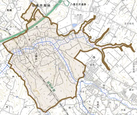 上勝田とその周辺の地図。町の範囲を重ねている