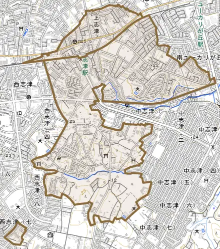 上志津とその周辺の地図。町の範囲を重ねている