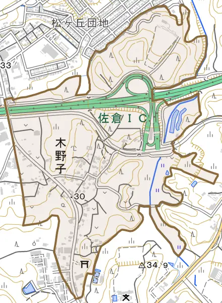 木野子とその周辺の地図。町の範囲を重ねている