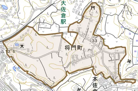 将門町とその周辺の地図。町の範囲を重ねている