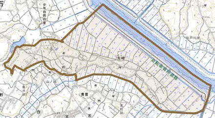 先崎とその周辺の地図。町の範囲を重ねている