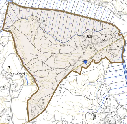 馬渡とその周辺の地図。町の範囲を重ねている