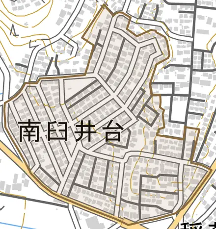 南臼井台とその周辺の地図。町の範囲を重ねている