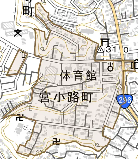 宮小路町とその周辺の地図。町の範囲を重ねている