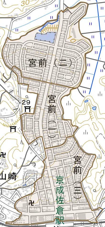 宮前とその周辺の地図。町の範囲を重ねている