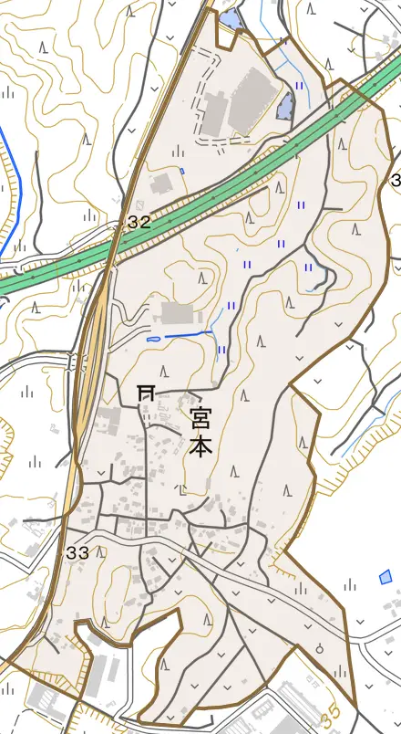 宮本とその周辺の地図。町の範囲を重ねている