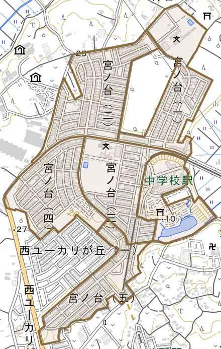 宮ノ台とその周辺の地図。町の範囲を重ねている