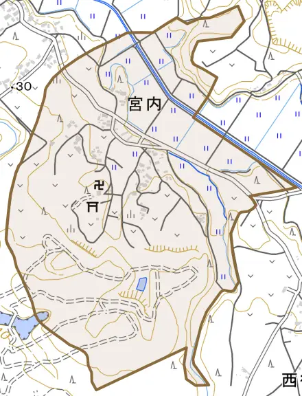 宮内とその周辺の地図。町の範囲を重ねている