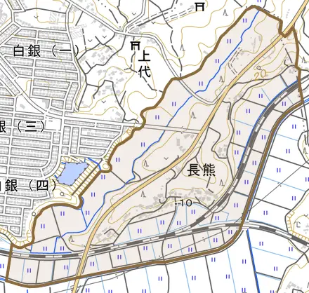 長熊とその周辺の地図。町の範囲を重ねている