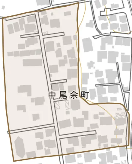 中尾余町とその周辺の地図。町の範囲を重ねている