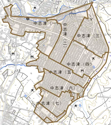 中志津とその周辺の地図。町の範囲を重ねている