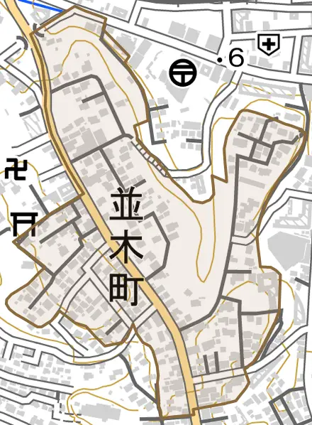 並木町とその周辺の地図。町の範囲を重ねている