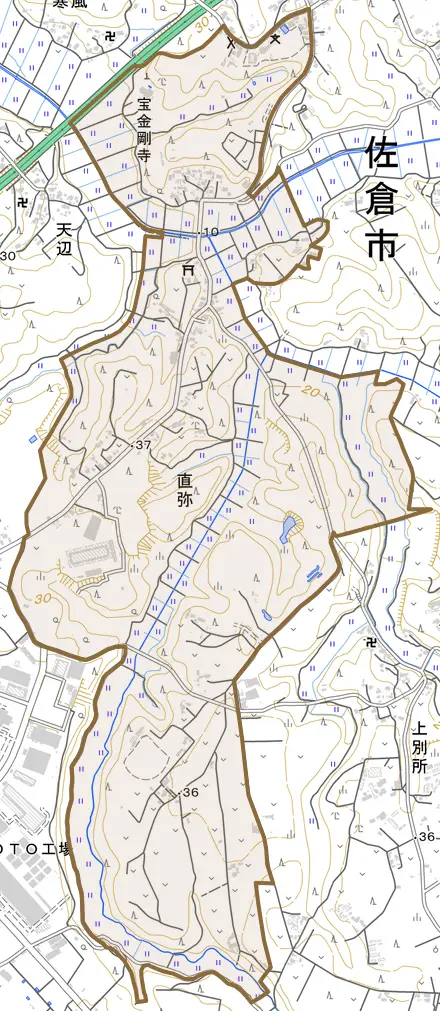 直弥とその周辺の地図。町の範囲を重ねている