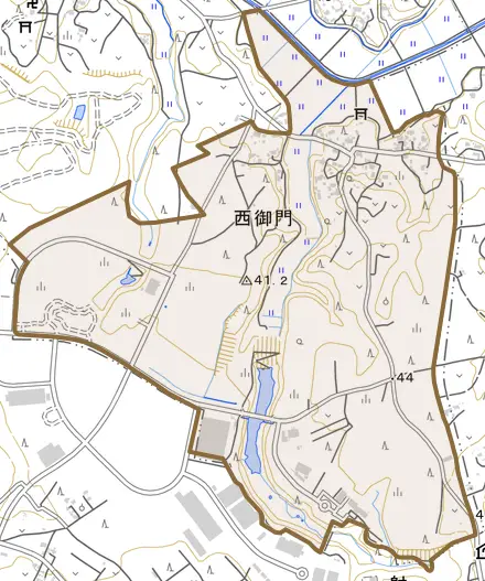 西御門とその周辺の地図。町の範囲を重ねている