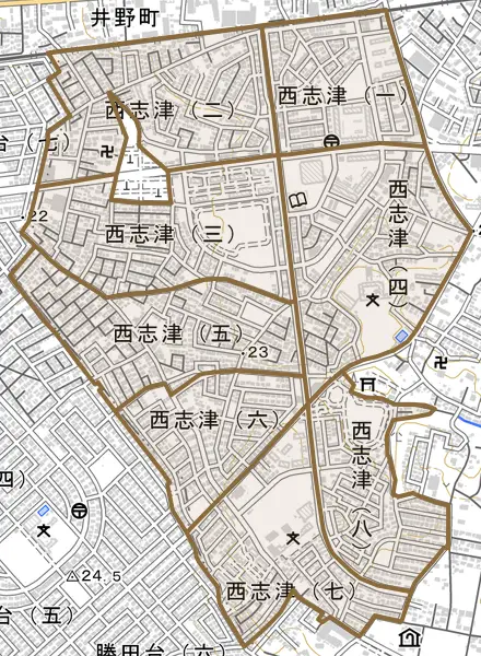 西志津とその周辺の地図。町の範囲を重ねている