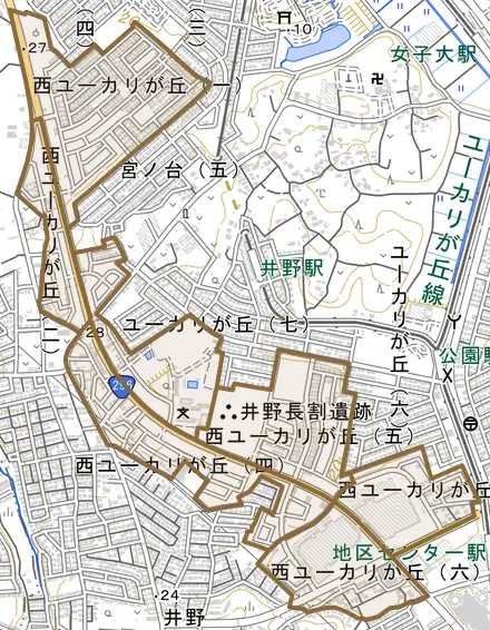 西ユーカリが丘とその周辺の地図。町の範囲を重ねている