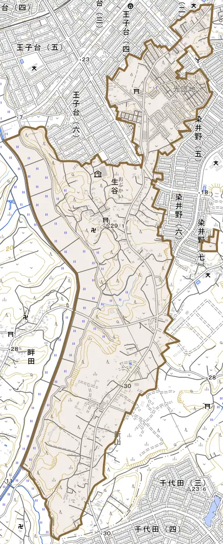 生谷とその周辺の地図。町の範囲を重ねている