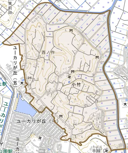 小竹とその周辺の地図。町の範囲を重ねている