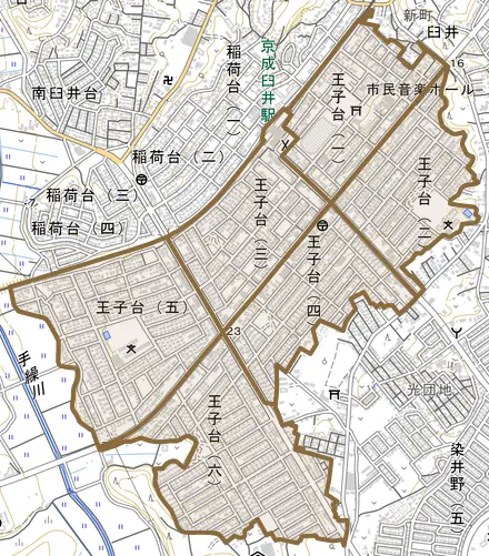 王子台とその周辺の地図。町の範囲を重ねている
