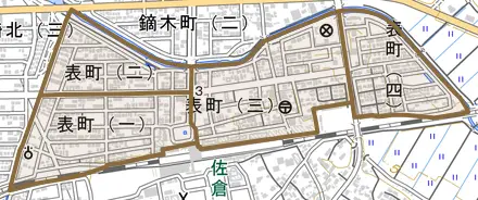 表町とその周辺の地図。町の範囲を重ねている
