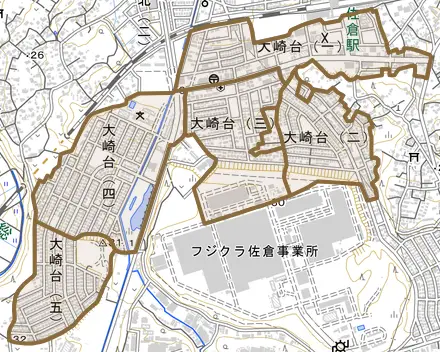 大崎台とその周辺の地図。町の範囲を重ねている