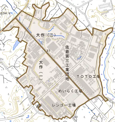 大作とその周辺の地図。町の範囲を重ねている