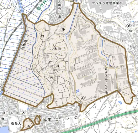 太田とその周辺の地図。町の範囲を重ねている
