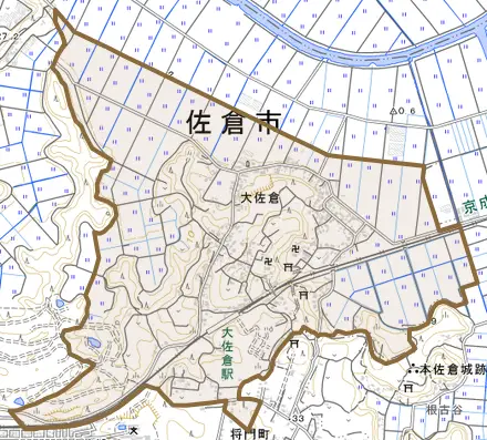 大佐倉とその周辺の地図。町の範囲を重ねている