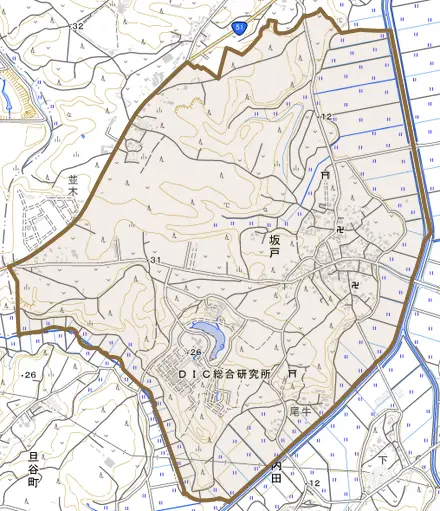 坂戸とその周辺の地図。町の範囲を重ねている