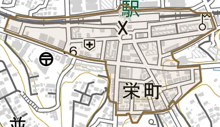 栄町とその周辺の地図。町の範囲を重ねている