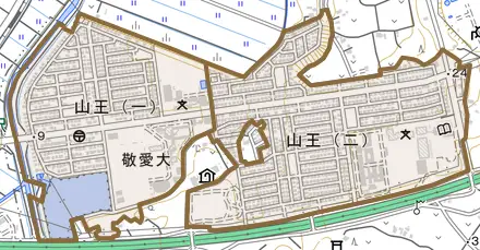 山王とその周辺の地図。町の範囲を重ねている