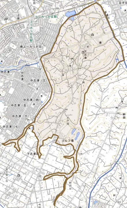 下志津とその周辺の地図。町の範囲を重ねている