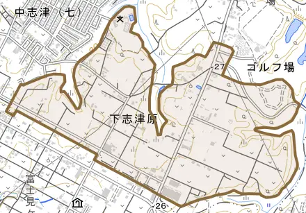 下志津原とその周辺の地図。町の範囲を重ねている