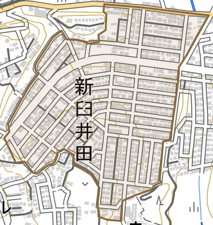 新臼井田とその周辺の地図。町の範囲を重ねている