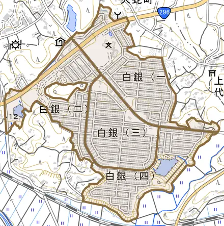 白銀とその周辺の地図。町の範囲を重ねている