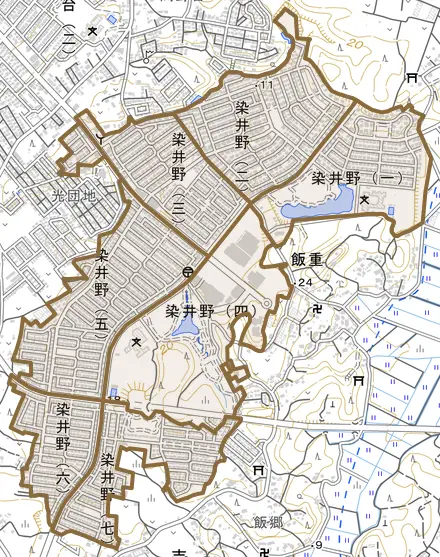 染井野とその周辺の地図。町の範囲を重ねている