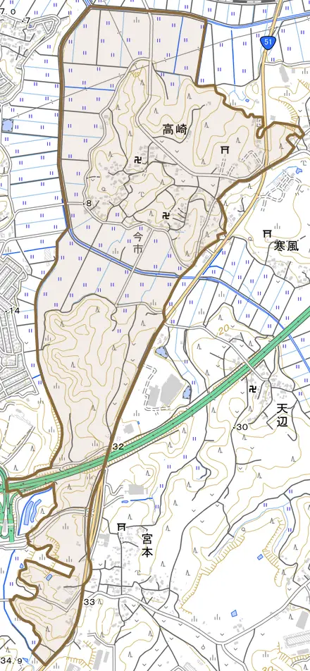 高崎とその周辺の地図。町の範囲を重ねている
