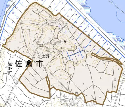 土浮とその周辺の地図。町の範囲を重ねている