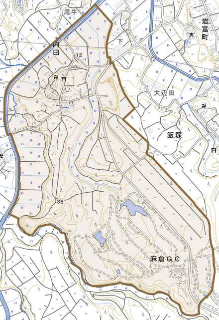 内田とその周辺の地図。町の範囲を重ねている