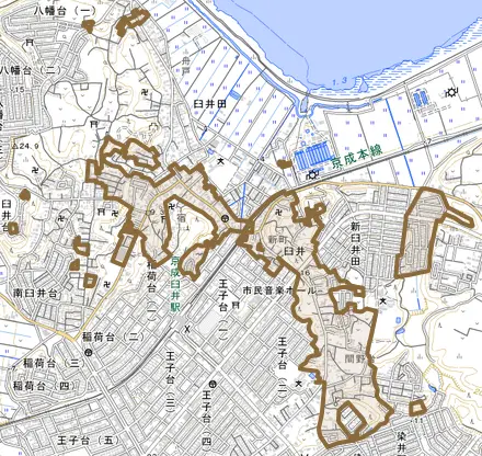 臼井とその周辺の地図。町の範囲を重ねている
