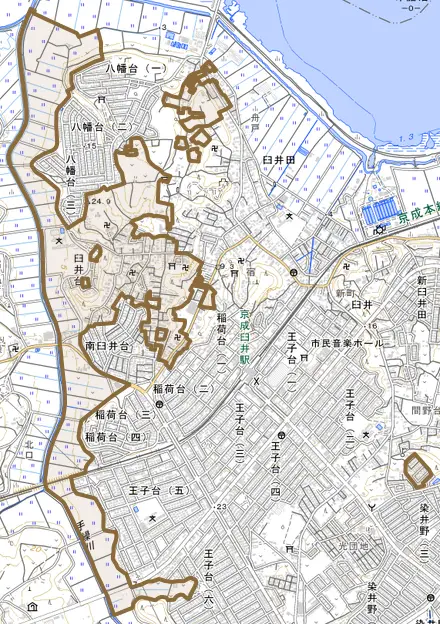 臼井台とその周辺の地図。町の範囲を重ねている