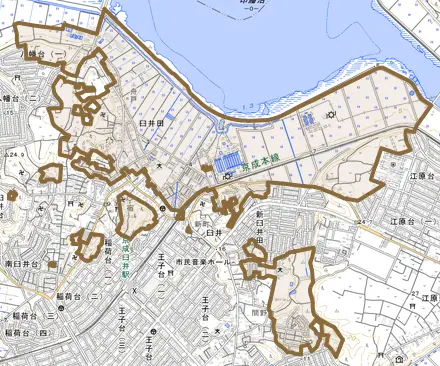 臼井田とその周辺の地図。町の範囲を重ねている