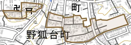 野狐台町とその周辺の地図。町の範囲を重ねている