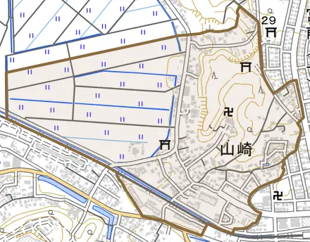 山崎とその周辺の地図。町の範囲を重ねている