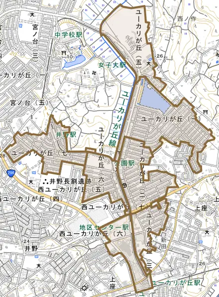 ユーカリが丘とその周辺の地図。町の範囲を重ねている