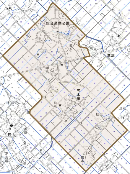 五木田とその周辺の地図。町の範囲を重ねている