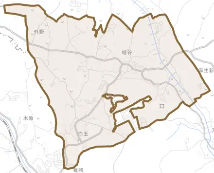 埴谷とその周辺の地図。町の範囲を重ねている